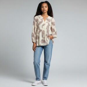 Cal Style Womens Paisley Tunic Blouse XL Cream Multi V-Neck Balloon Sleeve New